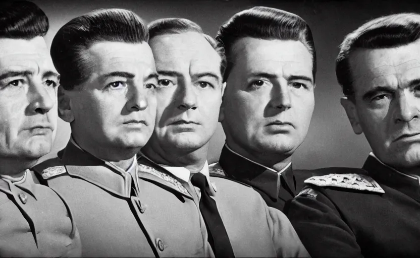 Image similar to 50s movie still close-up portrait of three individual elder soviet generals with very diverses faces in a stalinist hall, by David Bailey, Cinestill 800t 50mm black and white, heavy grainy picture, very detailed, high quality, 4k, HD criterion, precise texture, facial precision, diverse haircuts, diverse ages, each faces precisely define