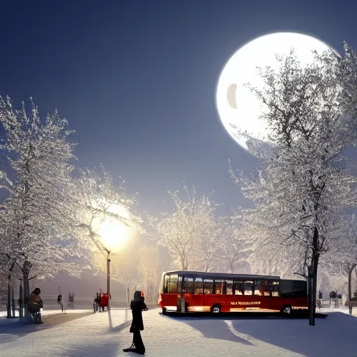 Prompt: winter town centre inspired by Peter Zumthor,bus,people walking winter sunset,full moon,p