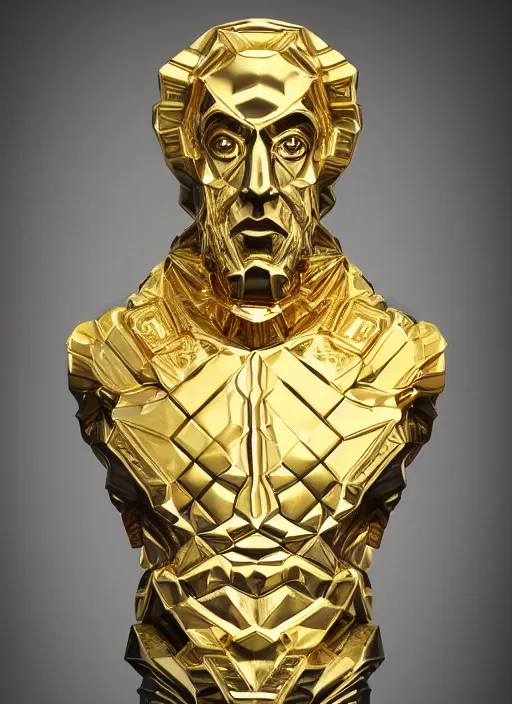 Image similar to stylized gold onyx ornate statue full body made of marble of nicholas cage, perfect symmetrical body, perfect symmetrical face, hyper realistic, hyper detailed, by johannen voss, by michelangelo, octane render, blender, 8 k, displayed in pure white studio room