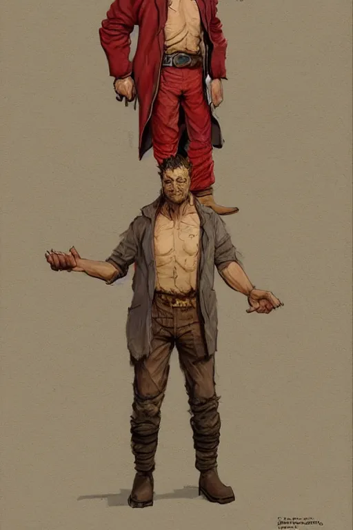 Prompt: character design, reference sheet, 40's adventurer, unshaven, optimistic, stained dirty clothing, straw hat, heavy boots, red jacket, detailed, concept art, realistic, hyperdetailed, , art by Frank Frazetta