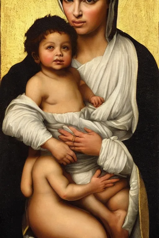 Image similar to kim kardashian as the madonna with child, painting by old dutch masters