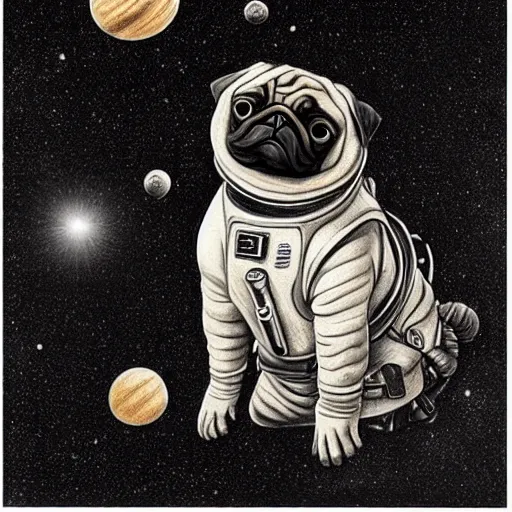 Image similar to pencil art, golden - ratio, spirals, highly detailed, astronaut pug in outer space by davinci.