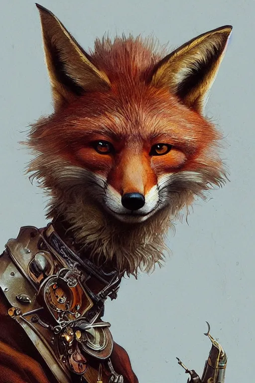 Prompt: heroic character design of anthropomorphic whimsical fox, portrait, western, steampunk, clint eastwood facial expression, duster, fantasy, intricate, elegant, highly detailed, digital painting, artstation, concept art, sharp focus, illustration, art by artgerm and greg rutkowski and alphonse mucha