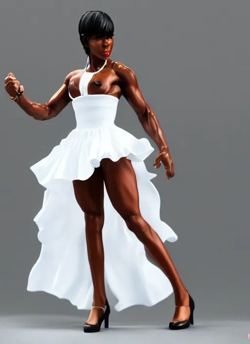 Image similar to Product Introduction Photos, 4K, Long view, Full body, 80mm resin detailed miniature of a Muscular Black Woman in white and ruffled miniskirt