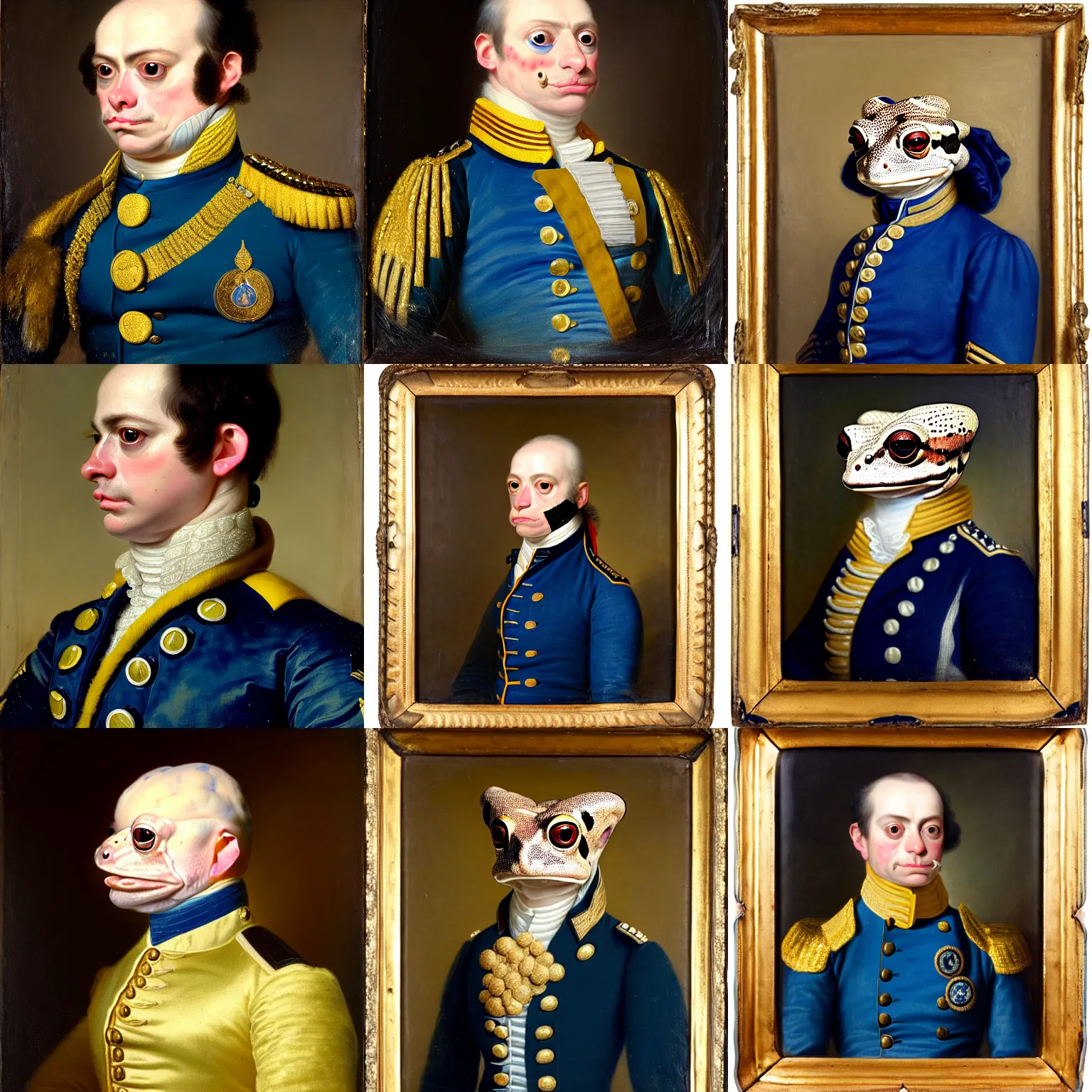 Prompt: a head - and - shoulders portrait of an amazon milk frog wearing a blue continental army uniform with gold lace epaulets without a hat, an american romanticism painting, oil on canvas, cgsociety, soft focus