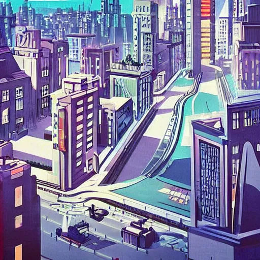 Image similar to “ large art deco city in 1 9 4 5, from an anime movie ”