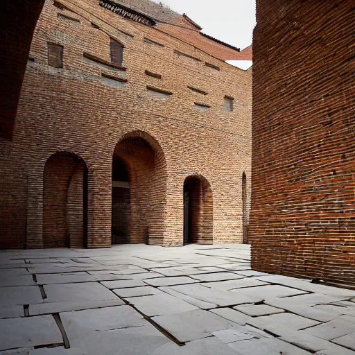 Image similar to courtyard of a monastary made of resursively stacked bricks, fusion of carlo scarpa and thomas heatherwick, architectural photography