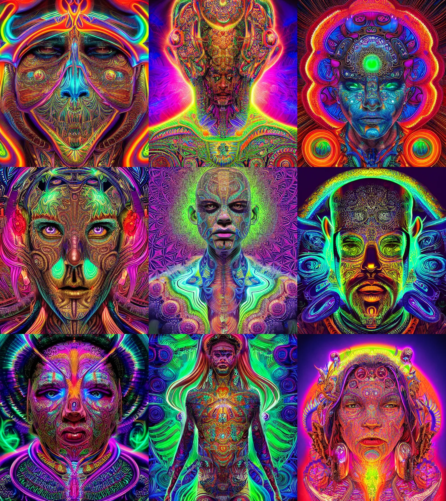Prompt: a intricate ornate psychedelic image of a shaman with glowing neon skin, digital art by artgerm, alex grey, dan mumford, felix kelly, psychedelic art, psychedelic, fractalism, fractals, sacred geometry, trending on artstation, hyper realism, highly detailed, cgsociety, octane render, 3 d