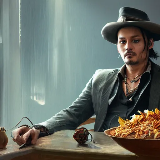 Image similar to johnny depp sitting in a bowl of dip, ultra high detailed, oil painting, greg rutkowski, charlie bowater, yuumei, yanjun cheng, unreal 5, daz, hyperrealistic, octane render, rpg portrait, dynamic lighting