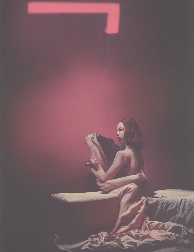 Prompt: woman in pajama playing computer games in dark room, redshift, wide shot, coloured polaroid photograph with flash, pastel, kodak film, hyper real, stunning moody cinematography, by maripol, fallen angels by wong kar - wai, style of suspiria and neon demon and bahnhof zoo, david hockney, detailed, oil on canvas