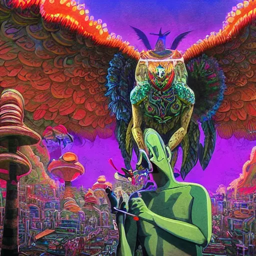 Image similar to 8K headshot Portrait of centered chest up of a psychedelic godlike mothman with giant mandala wings smoking a hand-rolled cigarette smoking heavily , magic mushroom village in background , post-processing , award winning. superb resolution. in the art style of Satoshi Kon and Greg Rutkowski . Detailed Mushroom city in background. Hyper realistic anime. Perfect art. Dalle2