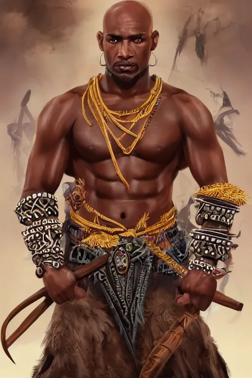 Image similar to Ogun with large tribal bladed weapons, cinematic action pose with many tribal warriors behind him, bronze-brown skin with masculine features - strong jaw line, bald head and menacing look, tribal markings with golden and jeweled adornments, medium shot digital illustration trending on artstation by artgerm and raphaelite, face by wlop, detailed and concise