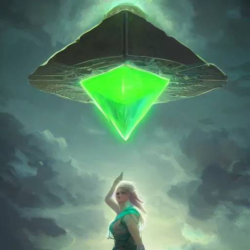 Image similar to epic portrait an person having an green glowing plumbob floating above their head, pretty, digital painting, artstation, concept art, soft light, hdri, smooth, sharp focus, illustration, fantasy, intricate, elegant, highly detailed, D&D, matte painting, in the style of Greg Rutkowski and Alphonse Mucha and artemisia, 8k, highly detailed, jurgens, rutkowski, bouguereau, pastoral, rustic, georgic