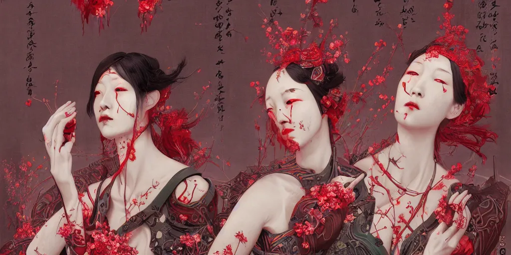 Image similar to breathtaking detailed red gardian mao dictature cyberpunk death heall concept art painting art deco pattern of birds goddesses amalmation flowers, by hsiao ron cheng, tetsuya ichida, bizarre compositions, exquisite detail, extremely moody lighting, 8 k, art nouveau, old chines painting