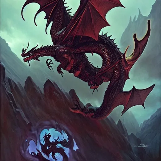 Image similar to flying black dragon, d & d, fantasy, greg rutkowski, frank frazetta, alexandre chaudret, boris vallejo, michael whelan, miro petrov, hr giger, magali villeneuve, donato giancola