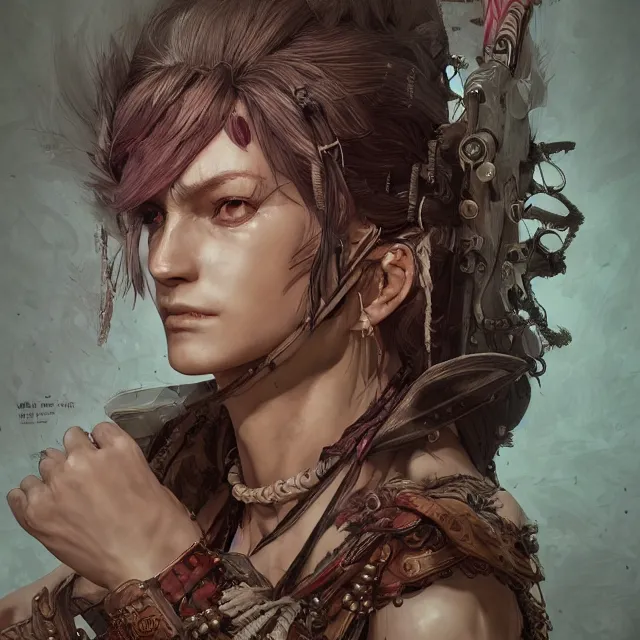 Image similar to the portrait of neutral evil barbarian vagabond as absurdly beautiful, conniving, elegant, jaded, woman, an ultrafine hyperdetailed illustration by kim jung gi, irakli nadar, intricate linework, bright colors, octopath traveler, final fantasy, unreal engine 5 highly rendered, global illumination, radiant light, detailed and intricate environment