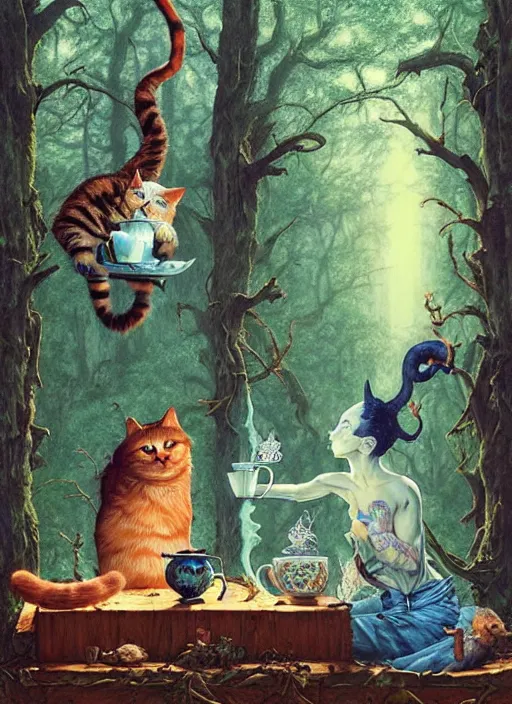 Image similar to cat having tea with a sorceress at a shrine in the woods gorgeous lighting, lush forest foliage blue sky a hyper realistic painting by chiara bautista and beksinski and norman rockwell and greg rutkowski weta studio, and lucasfilm