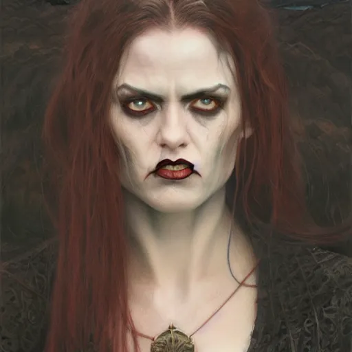 Prompt: portrait of an angry woman vampire, centered, digital painting, artstation, concept art, by donato giancola, Sean Yoro, Greg Rutkowski, trending on Artstation, Joseph Christian Leyendecker, WLOP, Boris Vallejo, dark, moody, foggy