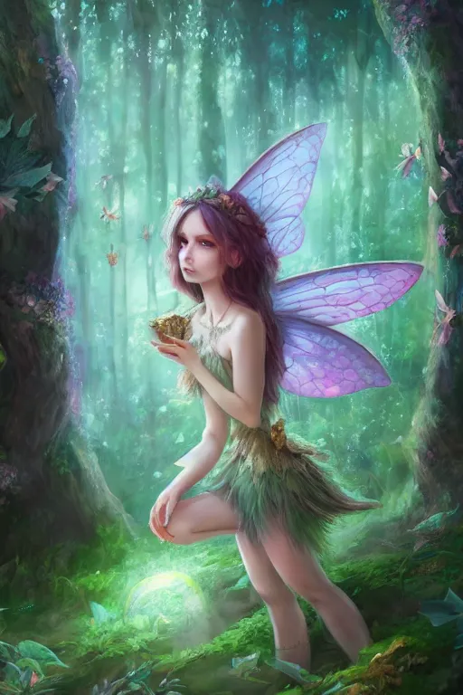 Image similar to a cute and geogerous fairy in the dreamy forest, fantasy, dreamlike, 8 k resolution, hyper detailed, d & d, character design, digital painting, trending on artstation, sharp focus, illustration, art by viktoria gavrilenko, hoang lap, fuji choko, steve zheng,