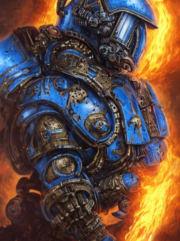 Prompt: portrait art of 8k ultra realistic undead space marine on fire,intricate blue helmet, detailed intricate ornate armour,decaying, cybernetic, full of colour, cinematic lighting, battered, trending on artstation, 4k, hyperrealistic, focused, extreme details,unreal engine 5, cinematic, masterpiece, art by ayami kojima, giger
