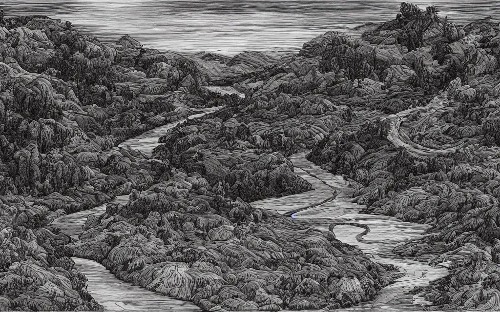 Image similar to a sprawling landscape following a long winding river, in the style of bruce ricker