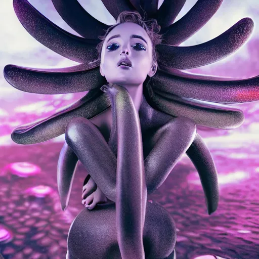 Prompt: flume_and_former_cover_art_future_bass_girl_unwrapped_statue_bust_curls_of_hair _petite_lush _body_photography_fungi shrooms gills growing high red eyes out_model_futuristic_material_simple_backgroundg