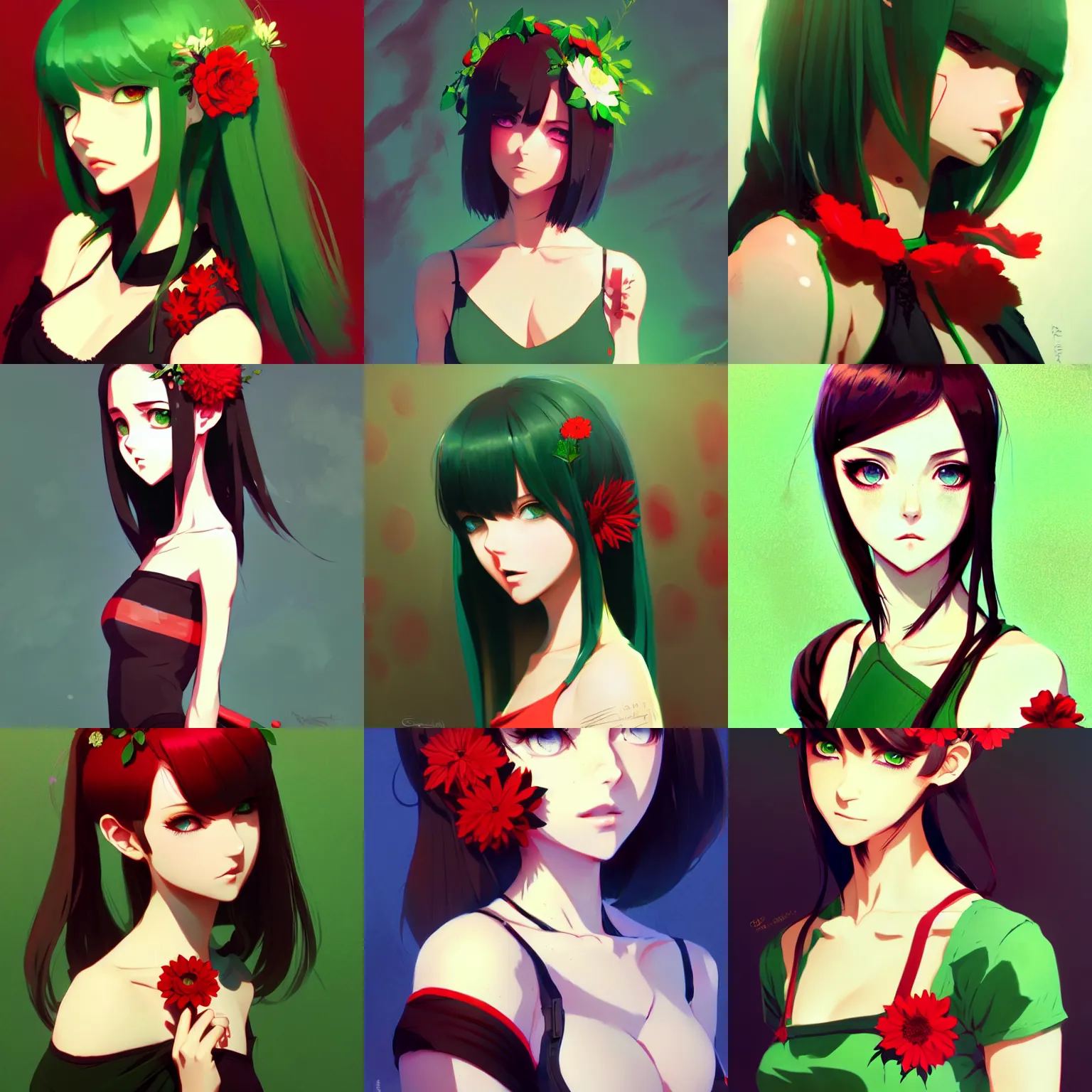 Prompt: sexy girl with green eyes, flower in her hair, wearing a low cut top, red and black color palette, in the style of and ilya kuvshinov and greg rutkowski, high quality anime artstyle, intricate