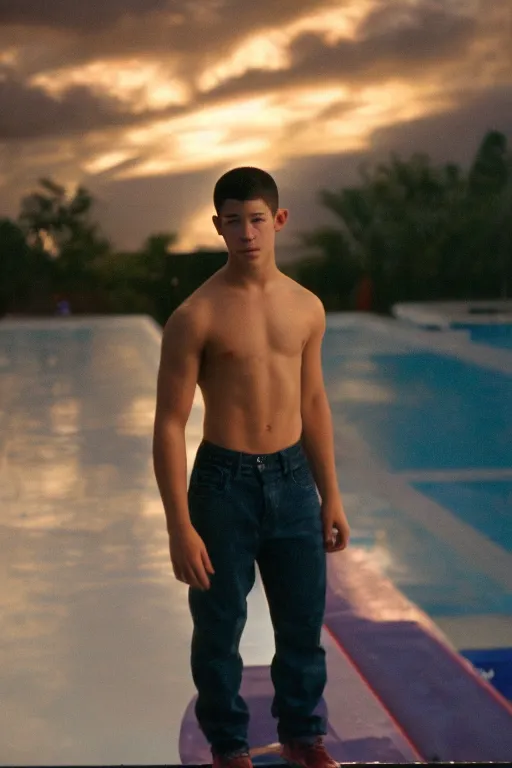 Image similar to close up still shot of young nick jonas standing on the diving board, 3 5 mm, highly detailed, disney channel original movie camp rock, dynamic lighting