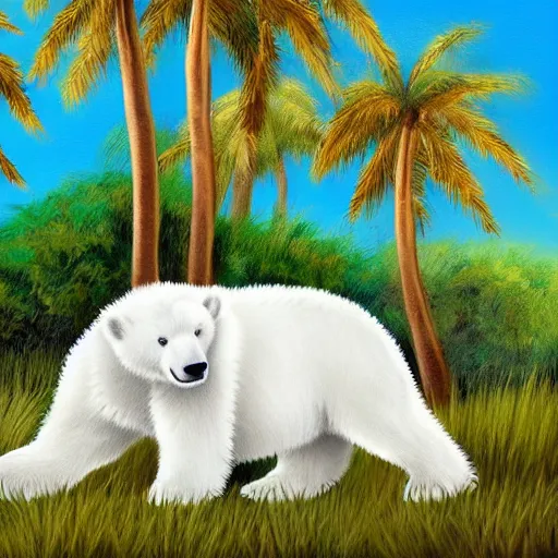 Prompt: cute fluffy white polar bear cub on beach landscape with palm trees detailed painting 4k