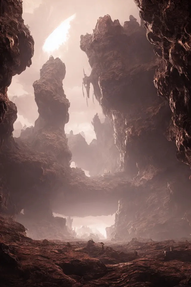 Image similar to the bottom cave has a huge bronze door and a dark spectacular atmosphere ， super wide angle ， matte painting ， rtx on ， trending on cgsociety and artstation, unreal engine ， volumetric light ， surreal
