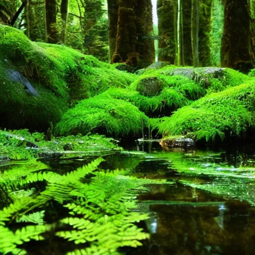 Image similar to ten round pools of clear still water in a forest, the wood between the worlds, narnia, cs lewis, lush green forest, moss and ferns, ferns,