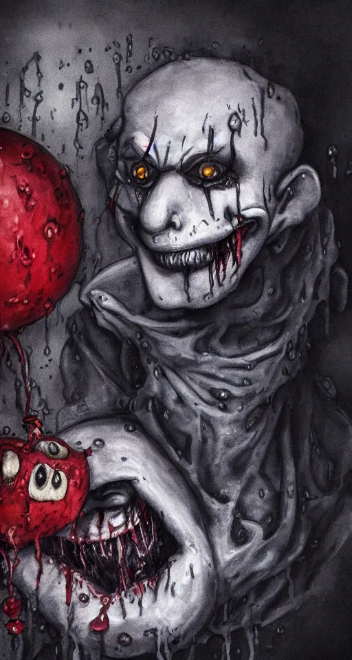 Image similar to water painting of a sad jester in a clown suit with a sad face reluctantly eating a human corpse, gothic, dark, gory, fear, 4 k, realistic, sad, surreal, volumetric lighting