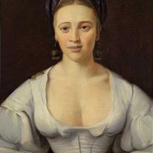 Image similar to painting of a beautiful young woman in the style of the old dutch masters with exaggerated proportions, huge bust, curvy waist