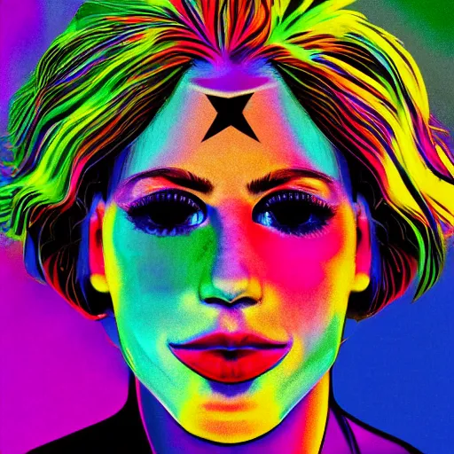 Image similar to a cool colourful psychedelic face in the style of an album cover