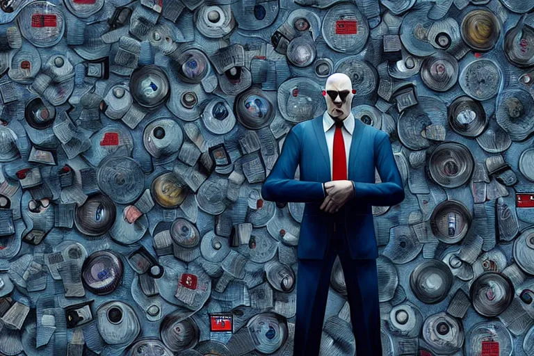 Image similar to an expressive portrait of agent 4 7 from hitman wearing headphones in front of a wall of vinyl records, dark background, blue rim light, digital art, artstation, art by giger stalenhag