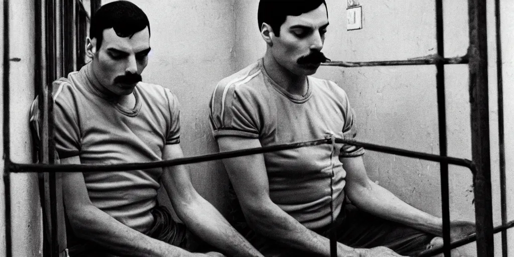 Image similar to freddie mercury sits behind bars in a russian prison, black and white photo, realism, 3 5 mm, prisoners in the background, good lighting