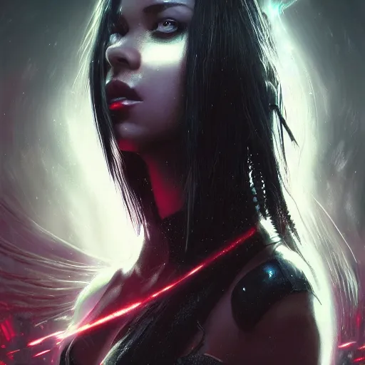 Image similar to aaliyah, darkwave, darksynth, concept headshot art, sharp, digital matte painting, art by luis royo, greg rutkowski, wlop, dramatic lighting, trending on artstation