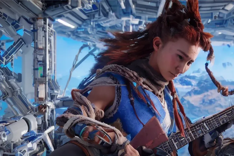 Image similar to cinematic picture of aloy from the horizon zero dawn videogame playing the guitar in the international space station, unreal engine 5