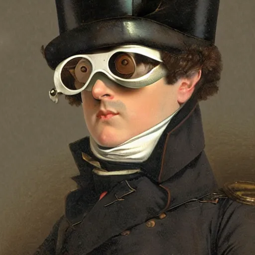 Image similar to realistic photo of napoleon wearing big steampunk googles, photo by gustave baumann