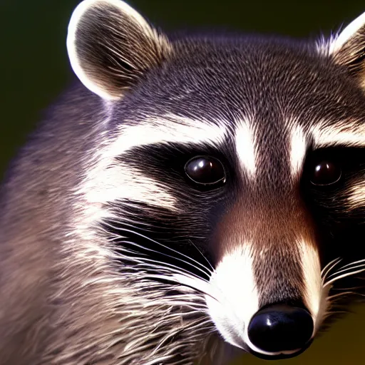 Image similar to a hyperrealistic octane render of a raccoon with a camera lens for a nose, photorealism, unreal engine, dramatic lighting, volumetric lighting, uplighting