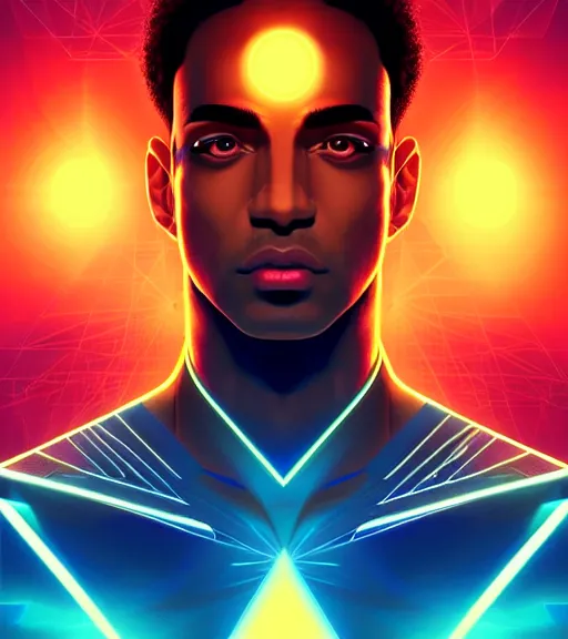 Image similar to symmetry!! egyptian prince of technology, solid cube of light, hard edges, product render retro - futuristic poster scifi, lasers and neon circuits, brown skin man egyptian prince, intricate, elegant, highly detailed, digital painting, artstation, concept art, smooth, sharp focus, illustration, dreamlike, art by artgerm