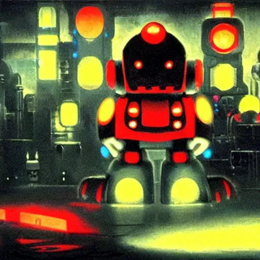 Image similar to a dark and colorful close - up of a sci - fi mecha supermario robot with led lights glowing fog in the background. highly detailed science fiction painting by norman rockwell, frank frazetta, and syd mead. rich colors, high contrast, gloomy atmosphere, dark background. trending on artstation