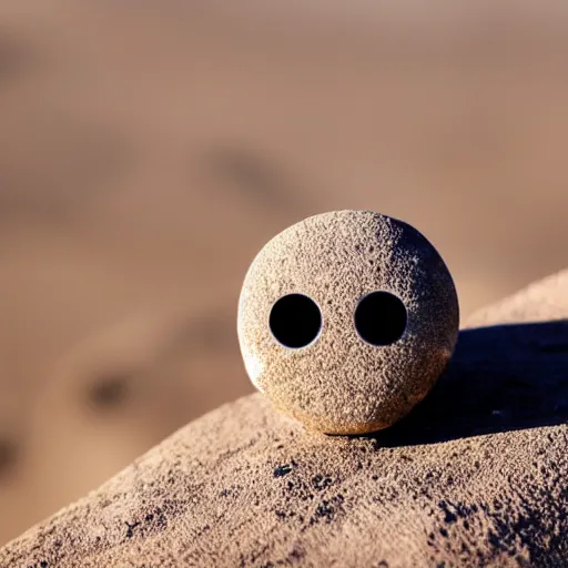 Image similar to a smooth stone that has 2 googly eyes. on a desert cliff with a blurry background.