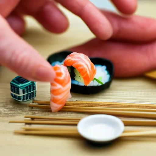 Image similar to detailed miniature people making sushi, tilt shift