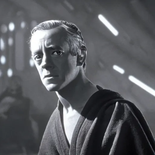 Image similar to film still of young alec guiness as a jedi in new star wars movie, dramatic lighting, highley detailled face,