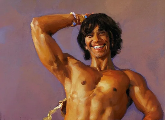 Image similar to a highly detailed beautiful portrait of a short brown haired brown skinned genie, with abs, smiling, by gregory manchess, james gurney, james jean