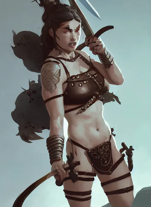 Image similar to portrait of cute muscular warrior girl cowered in celtic tattoos, dressed in armor bikini, holding a sword, dark fantasy, by atey ghailan, by greg rutkowski, by greg tocchini, by james gilleard, by joe gb fenton, by kaethe butcher, dynamic lighting, gradient light blue, brown, blonde cream and white color in scheme, grunge aesthetic