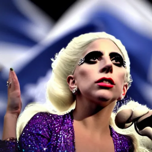 Image similar to Lady Gaga as Evita, Argentina presidential rally, Argentine flags behind, bokeh, epic photo, detailed face, Argentina