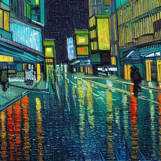 Image similar to painting of a cyberpunk city with high tech and flying cars in the style of vincent van gogh