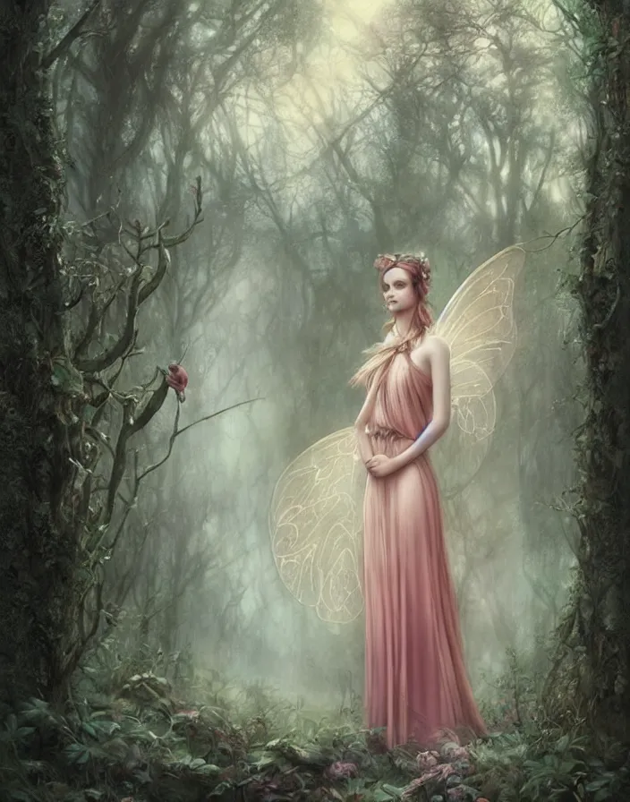 Prompt: elegant fairy princess standing in an enchanted forest, by Tom Bagshaw